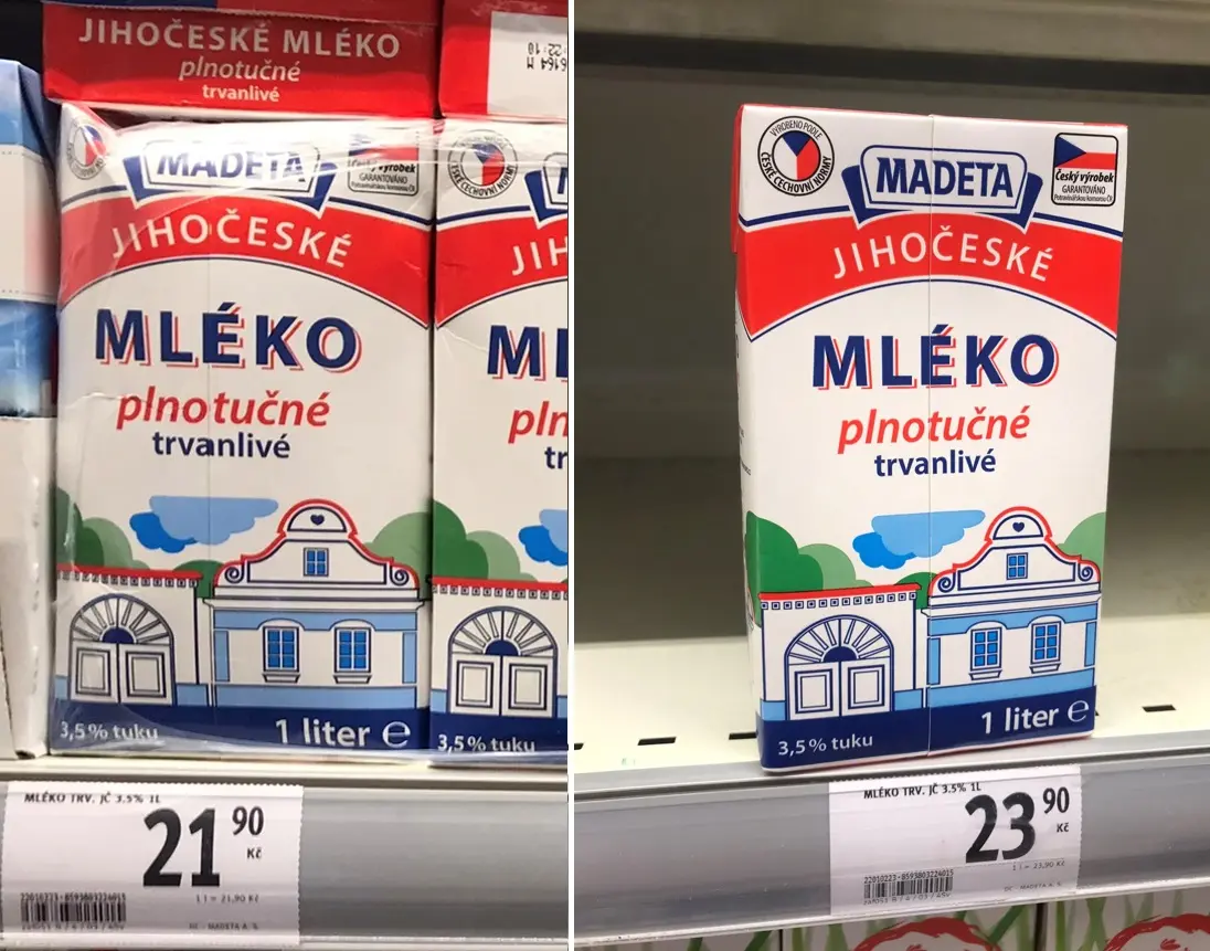 Prodejna Albert v Poděbradech. Ceny potravin ze dne 3. ledna 2022 a 10. května 2022.
