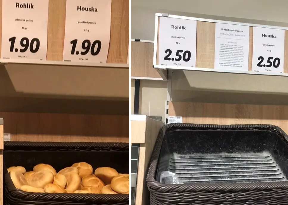 Prodejna Lidl v Poděbradech. Ceny potravin ze dne 3. ledna 2022 a 10. května 2022.