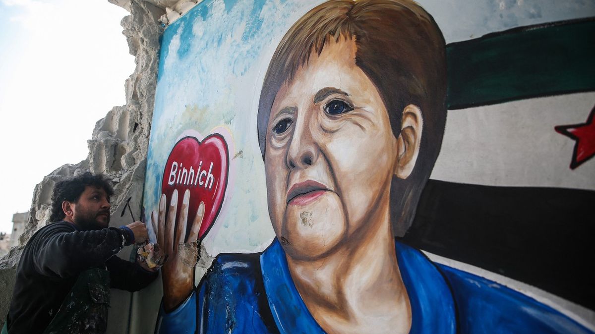 Syrské rozloučení s Merkelovou. V rozstříleném Idlibu vznikají její murály