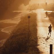 Ranní slunce u zatopeného nábřeží Dunaje, 17. září v Bratislavě na Slovensku. 