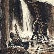 Poslední boj parašutistů v kryptě kostela Cyrila a Metoděje (18. černa 1942) tak, jak ho zvěčnil akademický malíř a ilustrátor Bohumil Konečný. 