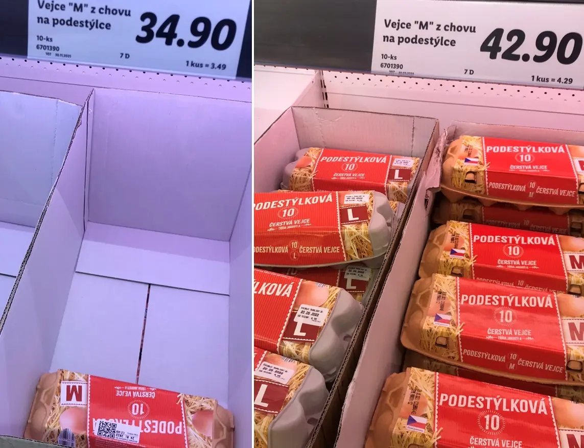Prodejna Lidl v Poděbradech. Ceny potravin ze dne 3. ledna 2022 a 10. května 2022.