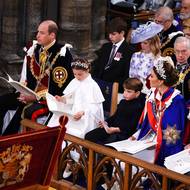Z předních lavic korunovaci přihlíží následník trůnu princ William a jeho manželka Kate a další členové královské rodiny.