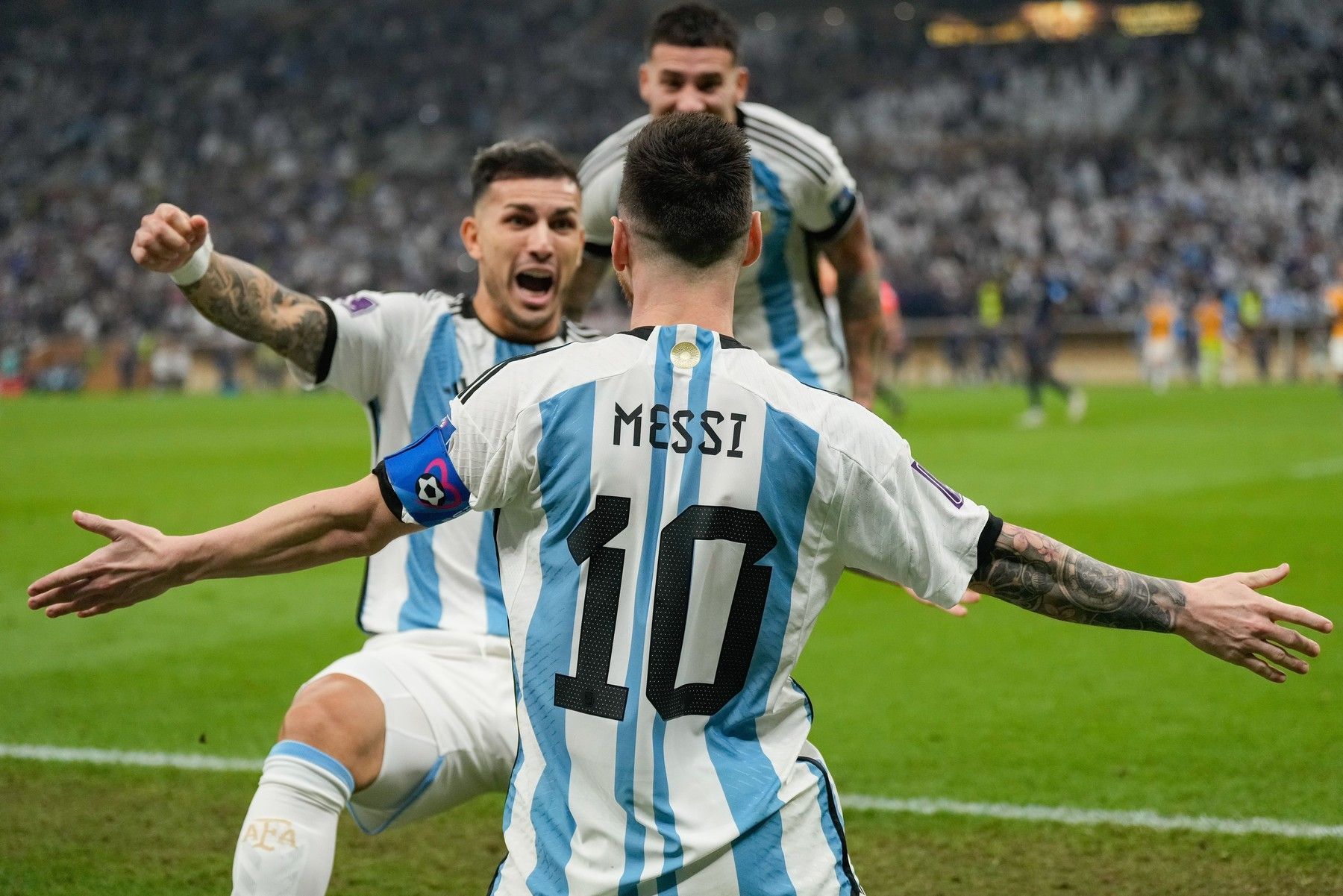 Lionel Messi of Argentina celebrates scoring a goal in extra-time to make it 3-2 with Leandro Paredes of Argentina Argentina v France, FIFA World Cup 2022, Final, Football, Lusail Stadium, Al Daayen, Qatar - 18 Dec 2022
