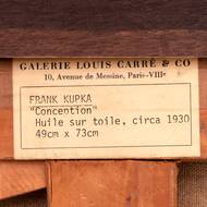 Etiketa galeristy Louise Carrého na zadní straně Kupkova obrazu Conception / Danae (Početí)