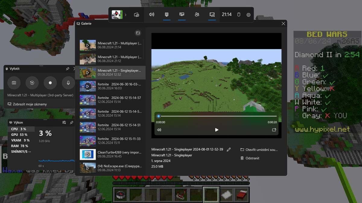 Připojení na server v Minecraft Java Edition –⁠⁠⁠⁠⁠⁠ minihra Bed Wars na největším serveru Hypixel.