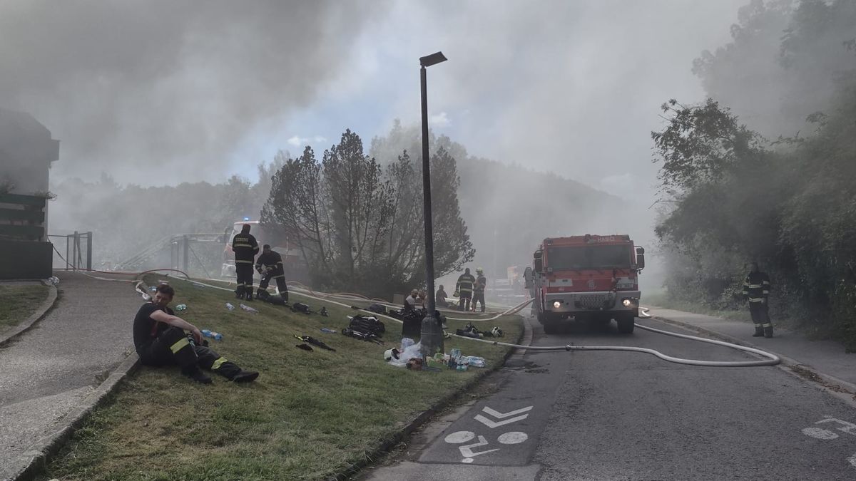 Hoří střecha plaveckého stadionu v Krumlově, asi po pokusu spálit vosí hnízdo