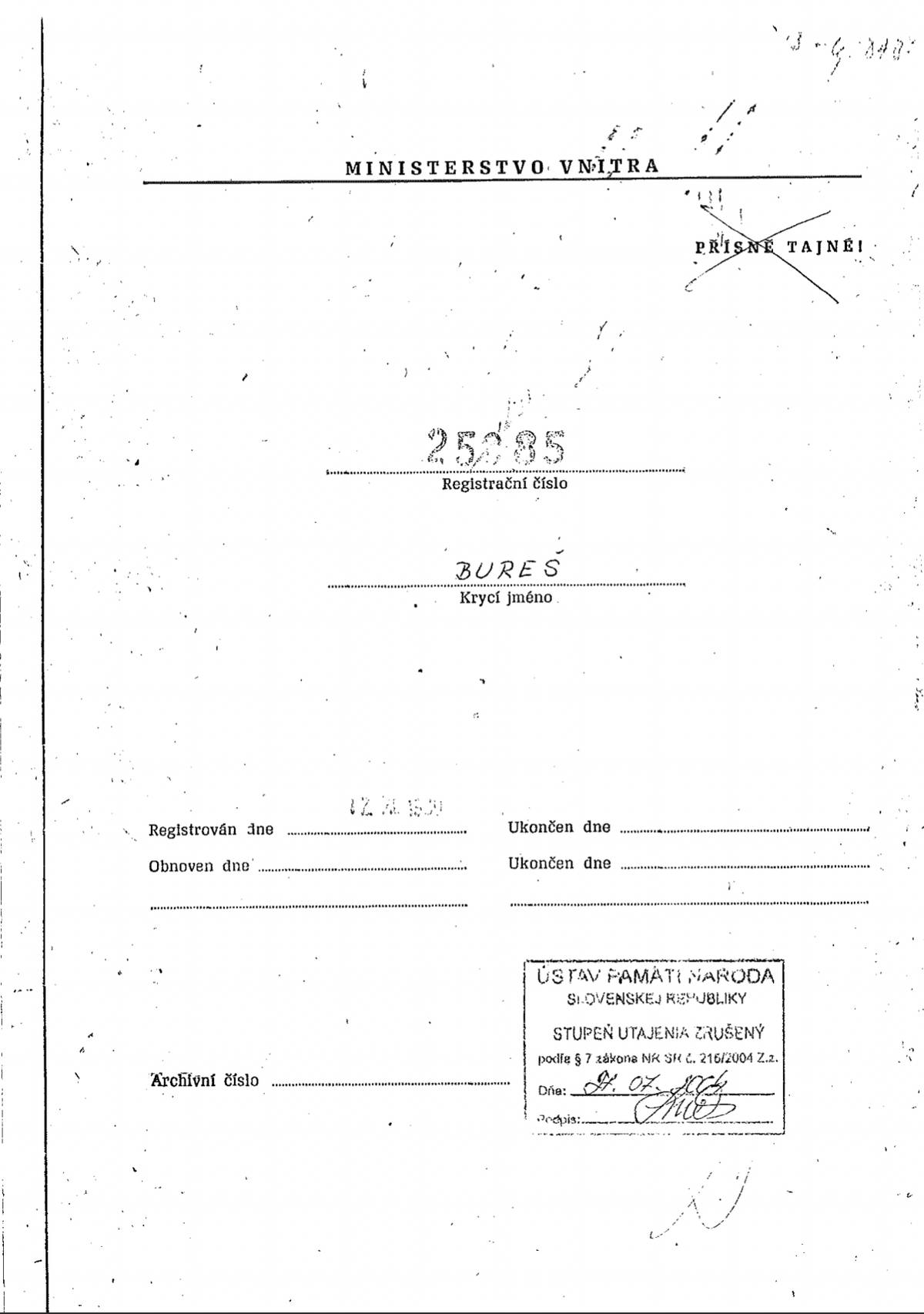 První strana spisu spolupracovníka Státní bezpečnosti s krycím jménem Bureš a registračním číslem 25085.