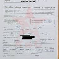 Přihláška Jiřího Kobzy do KSČ z roku 1987 (uložená v Národním archivu ČR).