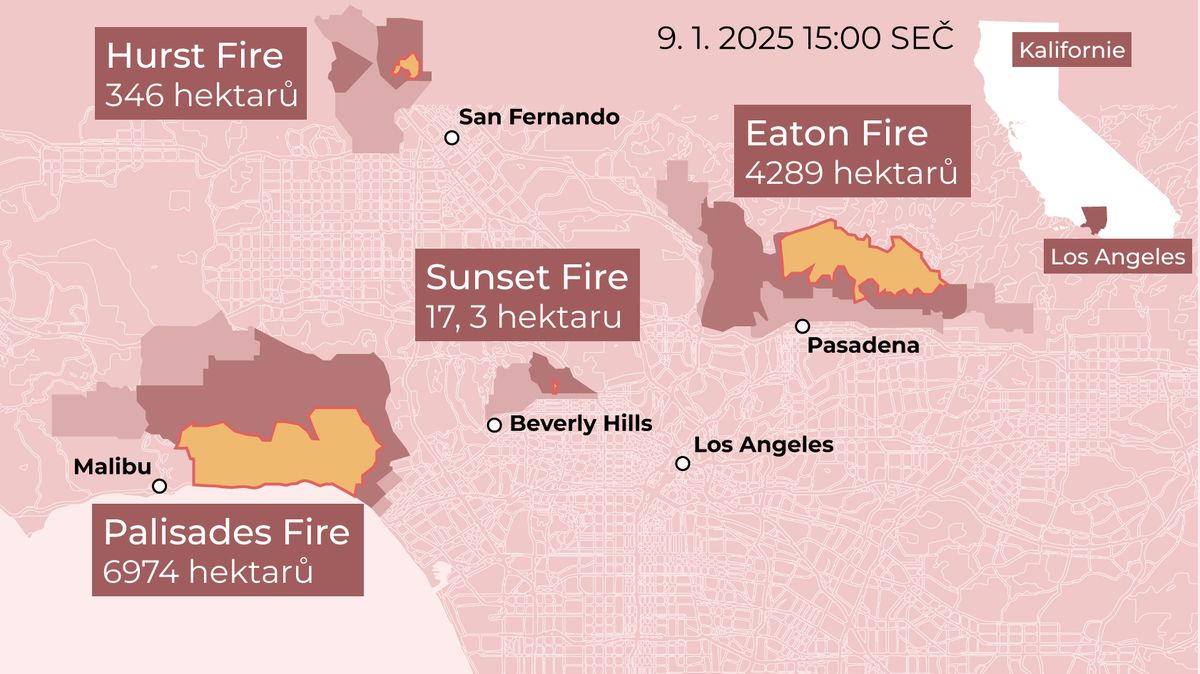 Mapa: Plameny už v Los Angeles sežehly tisíce hektarů