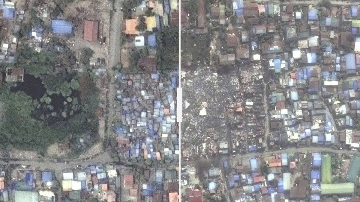 Před a po. Pohled z vesmíru ukázal rozsah zkázy po zemětřesení v Myanmaru