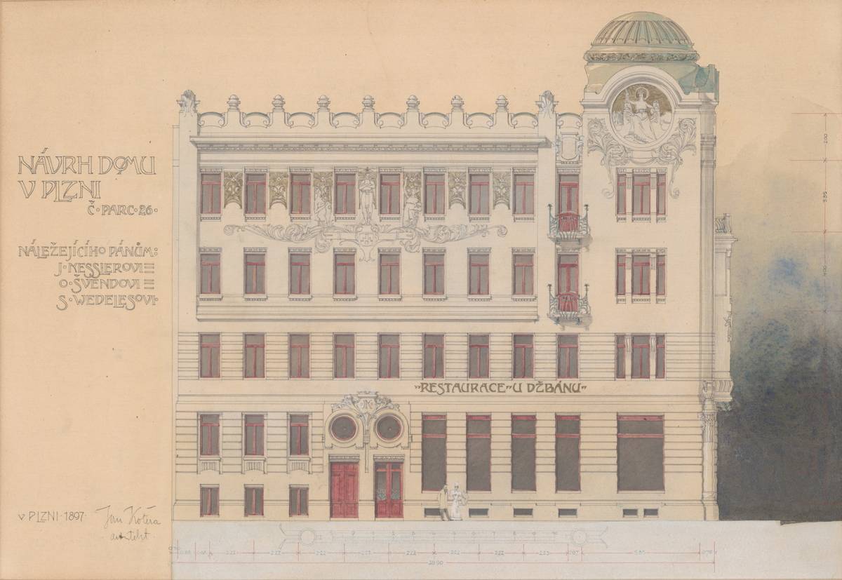 Jan Kotěra: Návrh domu v Plzni (Restaurace U Džbánu), 1897.