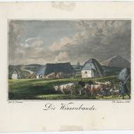 K největším přestavbám došlo v době, kdy ji vlastnily rodiny Rennerů a Bönschů. Na snímku Luční bouda kolem roku 1850, Theodor Sachse, kolorovaná litografie, KM Vrchlabí.