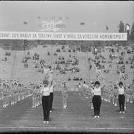 Městská spartakiáda v Brně 1965, nejmladší žactvo, skladba Na sluníčku, slogan „ve jménu zdraví, síly, krásy - za šťastný život v míru, za vítězství komunismu“.