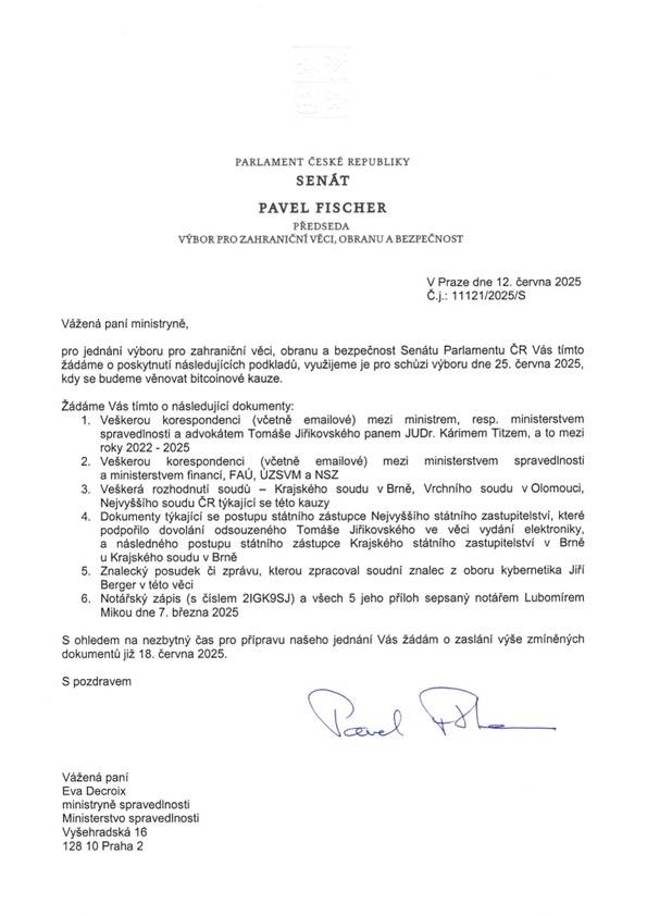 První dopis, který poslal předseda senátního bezpečnostního výboru Pavel Fischer ministryni Evě Decroix. Žádá v něm o nejrůznější dokumenty.