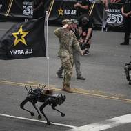 Kromě tisíců vojáků a obrněnců se přehlídky zúčastnily i robotičtí psi a drony. 