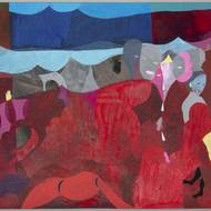 Radka Bodzewicz: Červená krajina, 2024, akryl na papíře, 35 × 50cm.