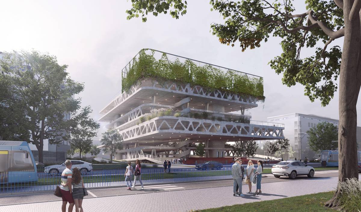 I když má parkovací dům rozevlátý design, dle hodnocení poroty soutěže dobře doplní uliční čáru.