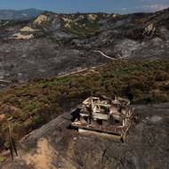 Spálený dům po lesním požáru v Kaminii poblíž Patrasu v Řecku, 14. srpna.