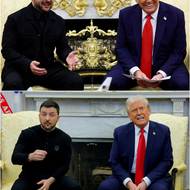 Zelenskyj je oblečen v černém obleku a černé košili bez kravaty. Při únorové schůzce v Oválné pracovně čelil výtkám, že si dostatečně neváží veškeré americké pomoci a že si na setkání se šéfem Bílého domu nevzal oblek a kravatu.