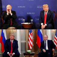 Americký prezident Donald Trump a jeho ruský protějšek Vladimir Putin absolvovali na Aljašce první jednání po několika letech. Na snímku nahoře je záběr z jednání na Aljašce, pod ním pak z jednání v Helsinkách v roce 2018.