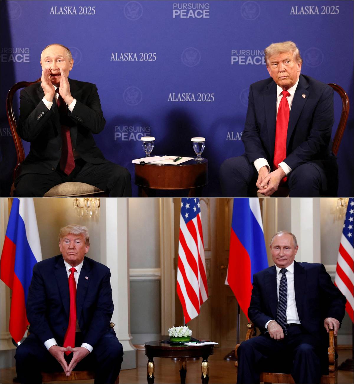 Americký prezident Donald Trump a jeho ruský protějšek Vladimir Putin absolvovali na Aljašce první jednání po několika letech. Na snímku nahoře je záběr z jednání na Aljašce, pod ním pak z jednání v Helsinkách v roce 2018.