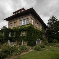 Popínavý přísavník už je v prvním patře ostříhaný. Úplně dole je polozapuštěný suterén, ze kterého vedou okna do zahrady. 