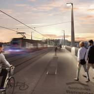 Sloužit bude tramvajím, autobusům MHD, cyklistům a chodcům (vizualizace).