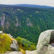 Jizerskohorské bučiny z kraje podzimu - pohled z Frýdlatnského cimbuří na západ. 
