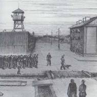 Vězňové Gulagu v Pečoře, 40. léta - kresba Borise Ivanova.