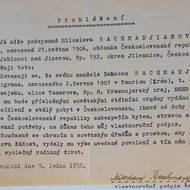 Prohlášení Miloslavy Rašmadžianové z roku 1958, že zabezpečí svého muže po příjezdu ze SSSR. 