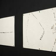 Jeho série akrylových obrazců na netkané textilii pojmenovaná Prosakování a cyklus chirurgicky přesných rojů perforací neboli dírek do bílého papíru.