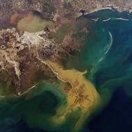 Delta řeky Mississippi. Mezi 20. a 22. lednem zasáhla oblast velká bouře z Mexického zálivu. Sníh, který je v této oblasti neobvyklý, pokrýval velkou část krajiny ještě ráno 24. ledna, ale odpoledne, kdy byla pořízena tato fotografie, již většina sněhu roztála.