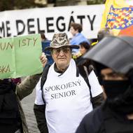 Stovky lidí demonstrovaly na akci spolku Svatopluk, který spolupracuje s opozičním hnutím SPD nebo uskupením Stačilo!. Akce měla název „Pane prezidente, respektujte volby!“. Na protestující u Hradu čekali odpůrci (na snímku). (27. září)