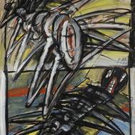 Jiří Načeradský: Zběsilé kudlanky, 1986, akryl, lepenka, sololit, 105 × 72 cm.