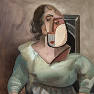 Adam Štech: Žena s telefonem, 2024, olej na plátně.