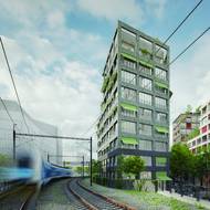 Budova při železniční promenádě má obsáhnout menší bytové jednotky doplněny o společné komunitní prostory v interiéru a exteriéru budovy například na střeše.