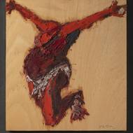 Václav Bláha: Ukřižován blahobytem, 1991, olej, sololit, 53 × 53 cm.