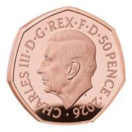 50 pencí ze 22 karátového zlata o váze 15,5 gramu k 50. výročí vzlétnutí letadla Concorde.