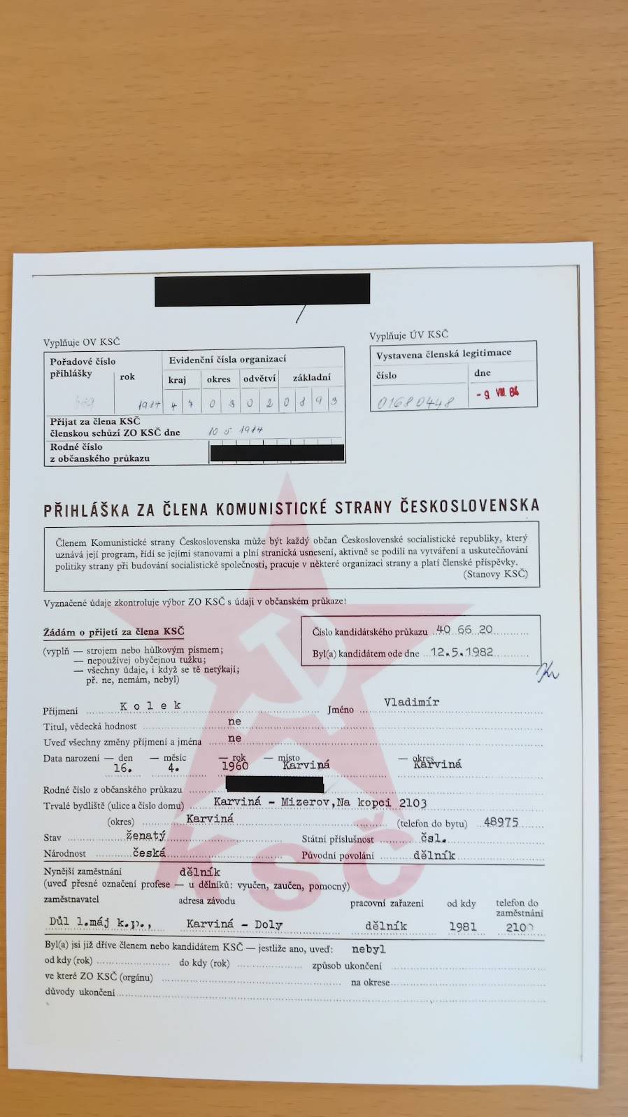 Přihláška nynějšího poslance Vladimíra Kolka (hnutí ANO) do Komunistické strany Československa.
