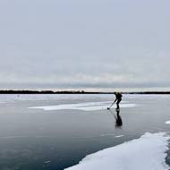 Mrazivé počasí láká na zamrzlé vodní plochy. Bruslí se i na Novomlýnských nádržích na Břeclavsku - možné to je po několika letech.