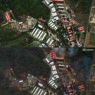 Celkový pohled na základu Fuerte Tiuna, největší vojenský komplex ve Venezuele nedaleko Caracasu. Nahoře snímek pořízený společností Vantor 22. prosince 2025, dole 3. ledna 2026 po americkém útoku.