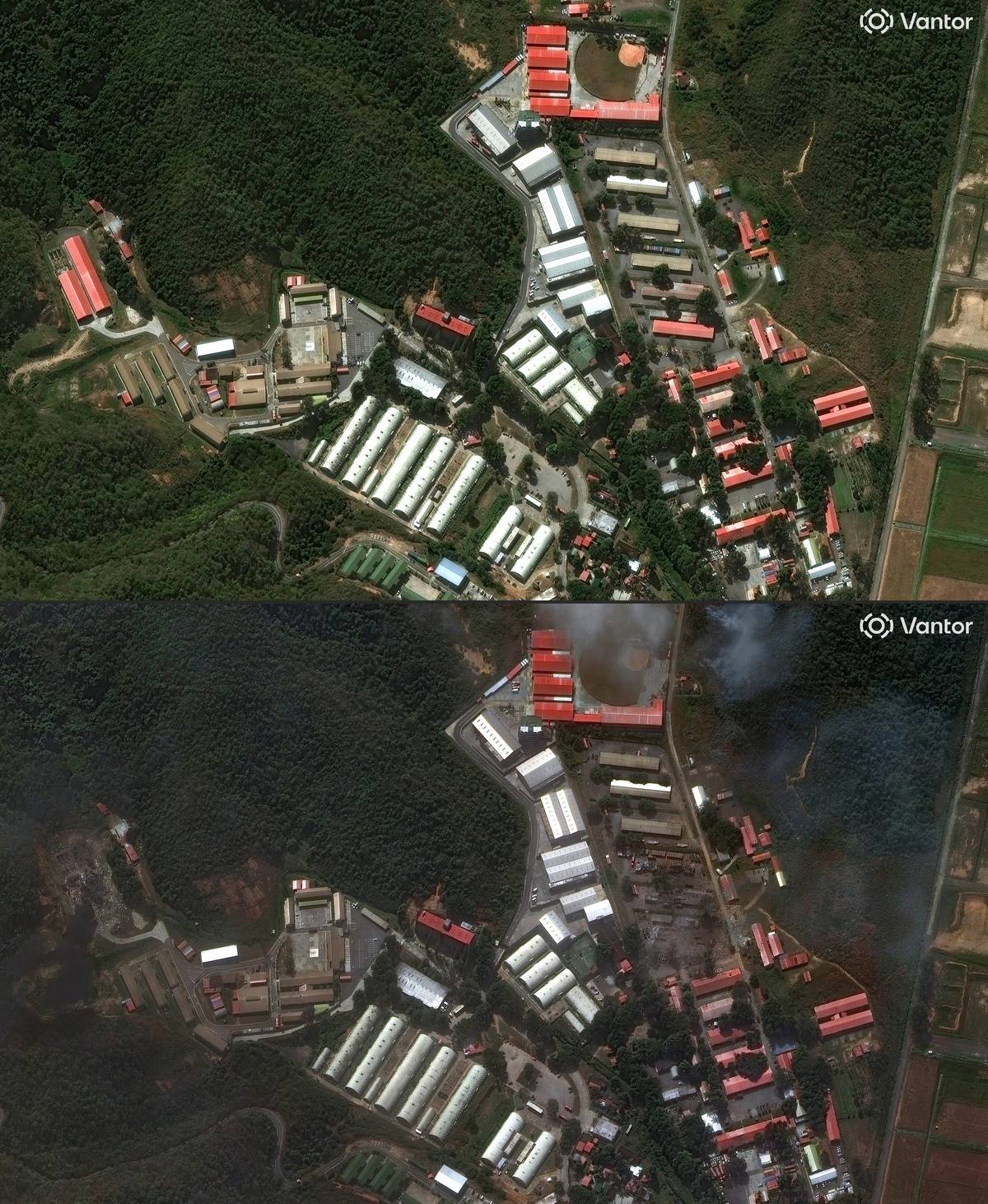 Celkový pohled na základu Fuerte Tiuna, největší vojenský komplex ve Venezuele nedaleko Caracasu. Nahoře snímek pořízený společností Vantor 22. prosince 2025, dole 3. ledna 2026 po americkém útoku.