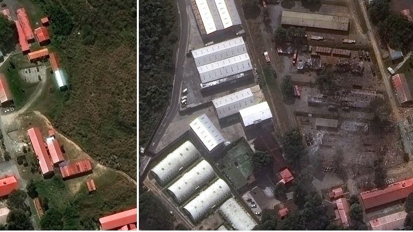 Srovnávací snímky z Venezuely. Z části základny jsou po úderu USA jen trosky