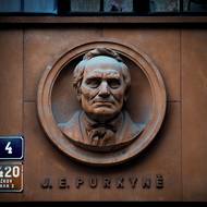 Vstup přístavby zdobí reliéfní portréty osobností. 