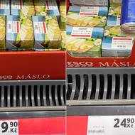 Ceny v prodejně Tesco v OC Smíchov. Srovnání z 8. prosince 2025 (vlevo) a 6. ledna 2026 (vpravo).