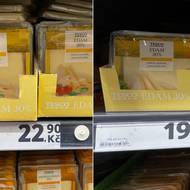 Ceny v prodejně Tesco v OC Smíchov. Srovnání z 8. prosince 2025 (vlevo) a 6. ledna 2026 (vpravo).