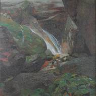 Wenzel Franz Jäger: Vodopád ve skalách, kolem 1910, olej na plátně, 112 × 112,5 cm, Národní památkový ústav, ÚPS na Sychrově, Státní zámek Zákupy.