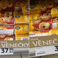 Ceny v prodejně Tesco v OC Smíchov. Srovnání z 8. prosince 2025 (vlevo) a 6. ledna 2026 (vpravo).