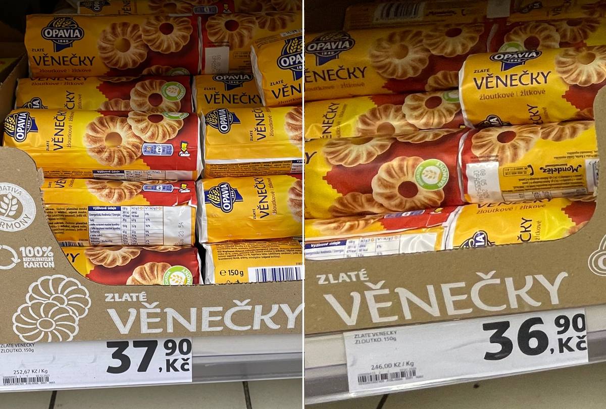 Ceny v prodejně Tesco v OC Smíchov. Srovnání z 8. prosince 2025 (vlevo) a 6. ledna 2026 (vpravo).